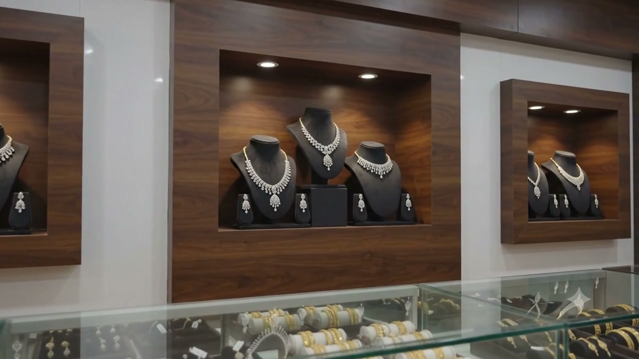 Diamond necklace display in wooden showroom frame